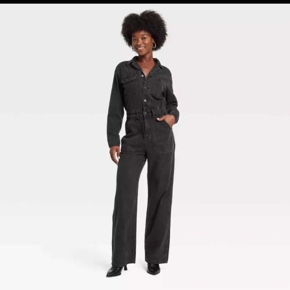 Universal Thread Women Long Sleeve Utility Baggy Black Denim Jumpsuit Inseam 31